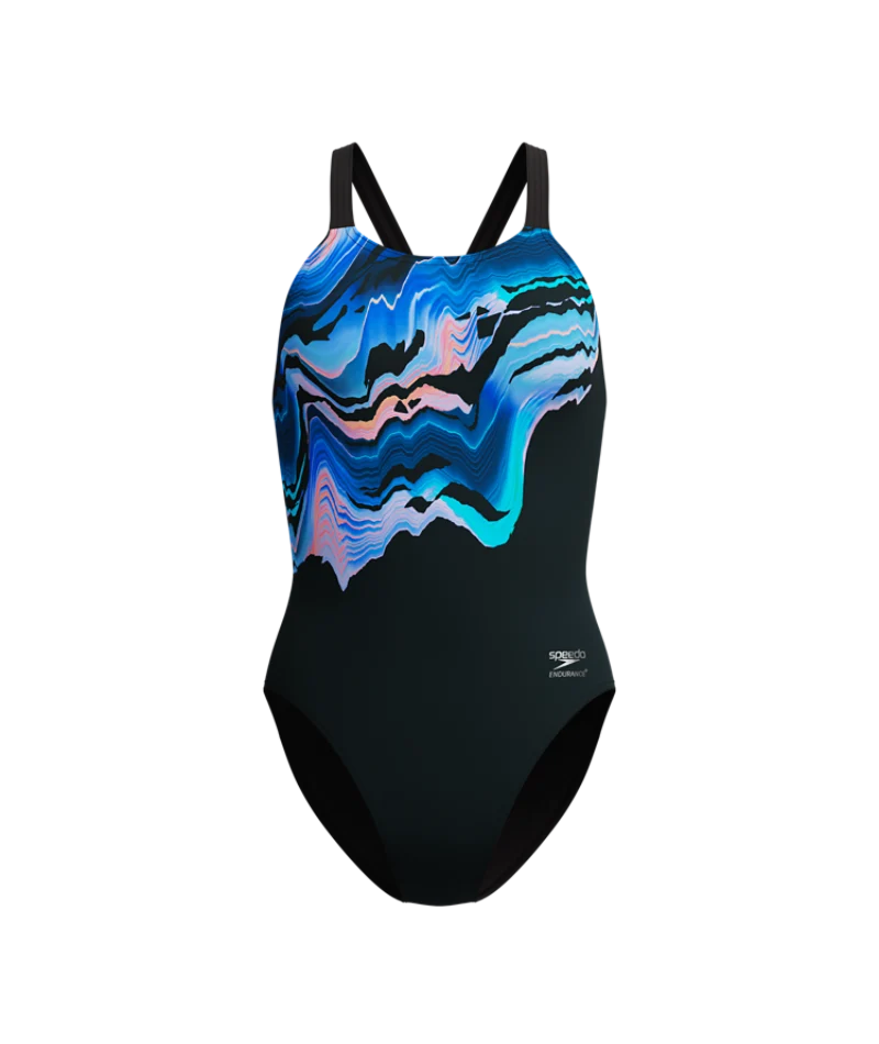 Speedo Dames Badpak Placement Printed Leaderback Zwart/Blauw - Image 9