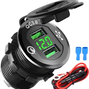 Tomada USB Dupla QC3.0 de Encastrar Redonda DC12V/24V (3A)